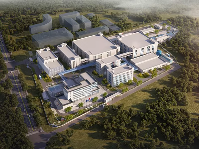 Modern Industrial Factory Complex Surrounded by Green Trees With Multiple Buildings And Road Access 3d model