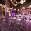 Modern Bar Interior With String Lights Palm Trees Large Screen And Cozy Seating Area 3d model