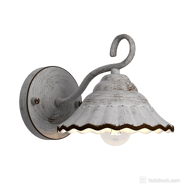 Vintage White Wall Lamp With Wooden Base And Scalloped Edge Design 3d model 