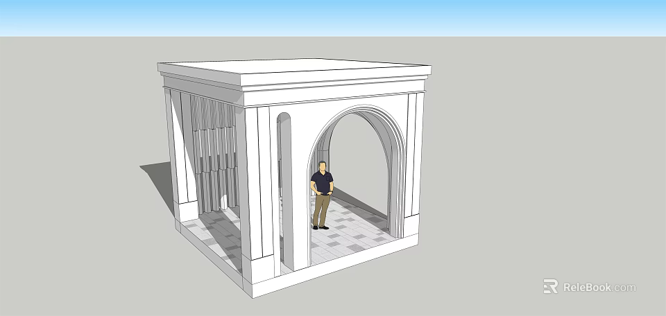 White Architectural Structure With Arched Doorway And Standing Person 3d model 