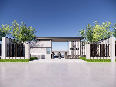 Modern Entrance Gate Architectural Design With White Walls Black Railings And Trees 3d model
