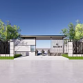 Modern Entrance Gate Architectural Design With White Walls Black Railings And Trees