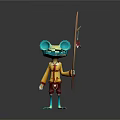 Cartoon Frog Character With Big Red Eyes Blue Body Yellow Red Outfit And Spear