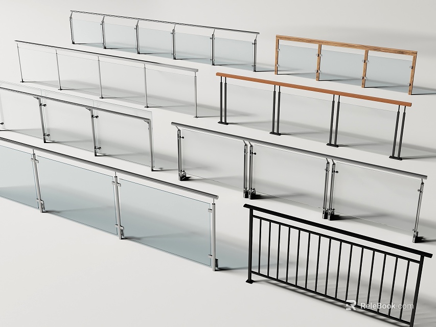 Various Modern Railings Featuring Glass Wooden and Metal Designs for Home Decor 3d model 