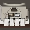 Modern Restaurant Interior With White Dining Table Gray Chairs And Round Pendant Light