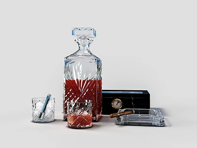 Elegant Crystal Decanter and Glasses with Red Liquid alongside Cigar Ashtray and Black Box 3d model