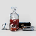 Elegant Crystal Decanter and Glasses with Red Liquid alongside Cigar Ashtray and Black Box