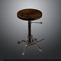 Rustic Wooden Stool With Round Seat And Adjustable Metal Curved Legs Base