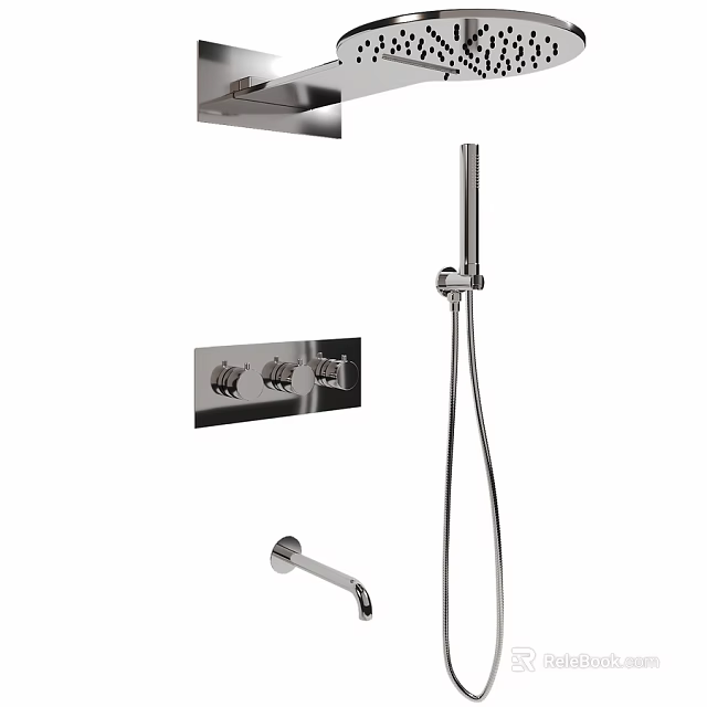 Modern Chrome Bathroom Faucet Set With Handheld Shower And Control Knobs 3d model 