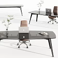 Modern Office Desk With Glass Top Black Metal Legs Laptop Brown Chair And Green Plant