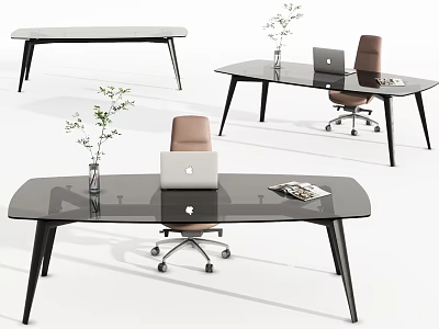 Modern Office Desk With Glass Top Black Metal Legs Laptop Brown Chair And Green Plant 3d model