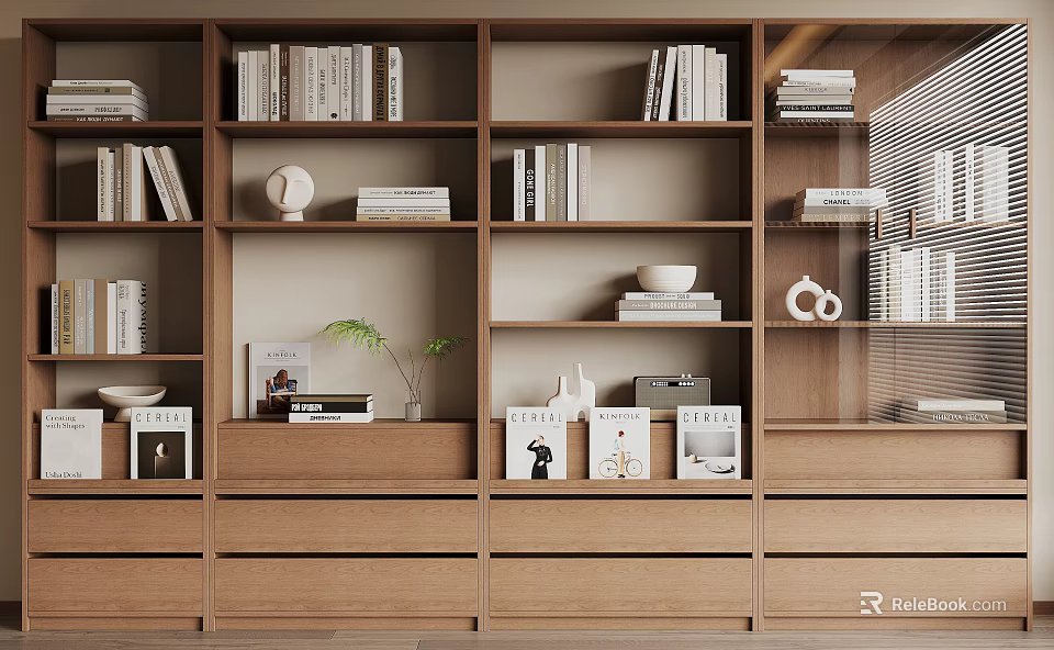 Modern Wooden Bookshelf Interior With Books Decorative Items Potted Plant And Drawers 3d model 