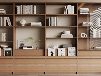 Modern Wooden Bookshelf Interior With Books Decorative Items Potted Plant And Drawers 3d model