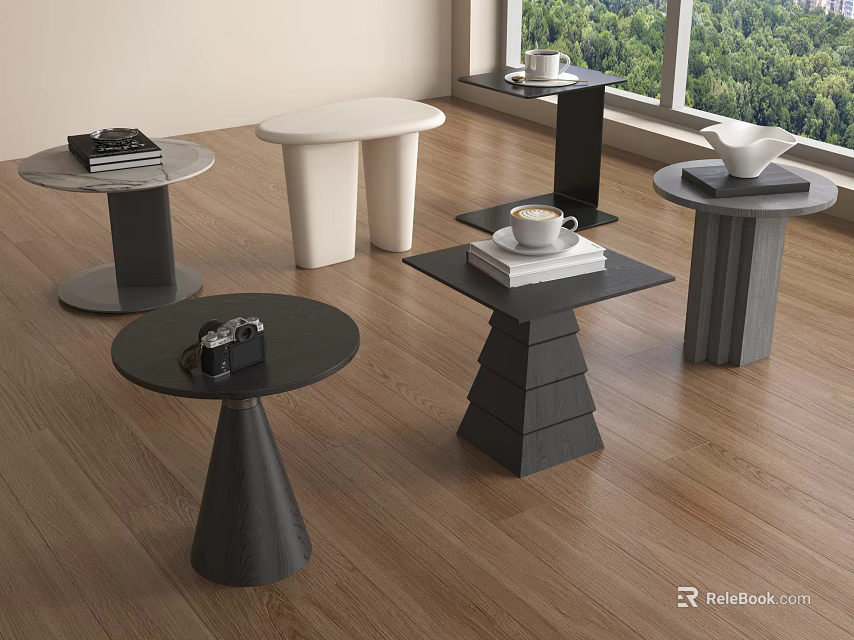 Stylish Modern Side Tables With Various Designs And Books Cup Camera Vase 3d model