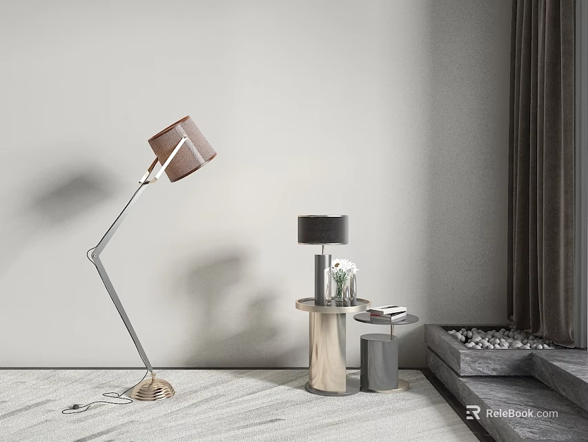 Minimalist Lighting Combination With Floor Lamp Table Lamp Metal Stand And Brown Black Shades 3d model 