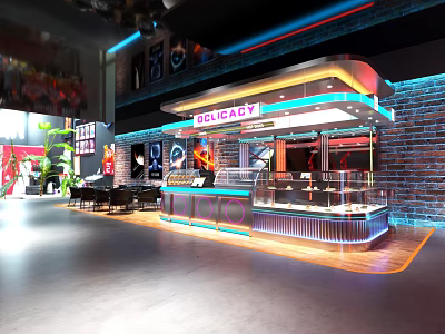 Modern Shop Front Counter With Brick Walls Glass Display Cases Neon Lighting And DELICACY Sign 3d model