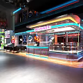 Modern Shop Front Counter With Brick Walls Glass Display Cases Neon Lighting And DELICACY Sign