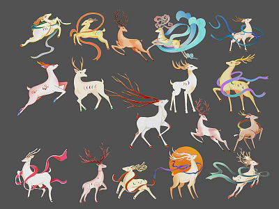 Colorful Deer Themed Wall Decor With Stylized Patterns And Ornate Designs 3d model