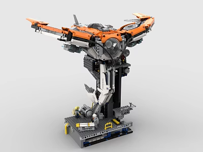 Detailed Mechanical Building Blocks Aircraft Model With Orange Wings And Stand 3d model