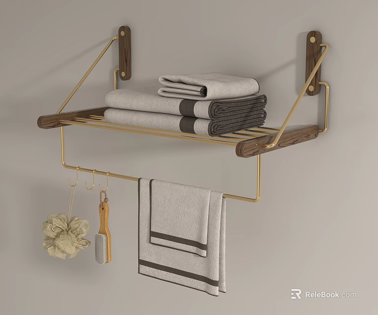 Stylish Wooden and Gold Metal Wall Mounted Shelf With Stacked Towels and Hanging Bathroom Accessories 3d model 