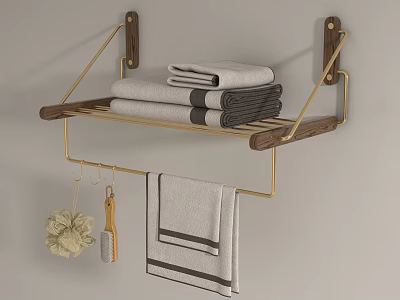 Stylish Wooden and Gold Metal Wall Mounted Shelf With Stacked Towels and Hanging Bathroom Accessories 3d model