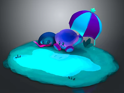 Cute Purple And Blue Cartoon Creatures Playing On Glowing Blue Water Area With Colorful Umbrella 3d model