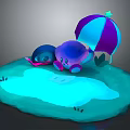 Cute Purple And Blue Cartoon Creatures Playing On Glowing Blue Water Area With Colorful Umbrella