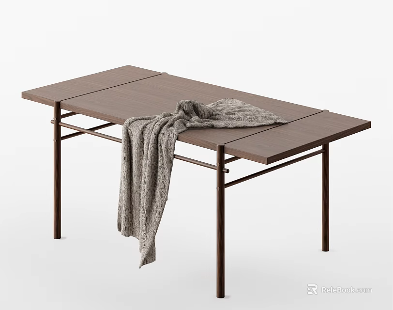 Modern Wooden Dining Table With Sleek Metal Legs And Gray Blanket Draped On Corner 3d model 