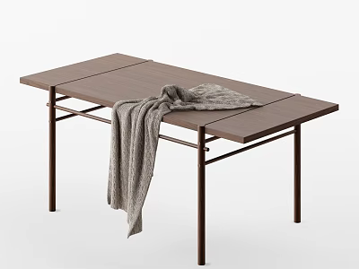 Modern Wooden Dining Table With Sleek Metal Legs And Gray Blanket Draped On Corner 3d model