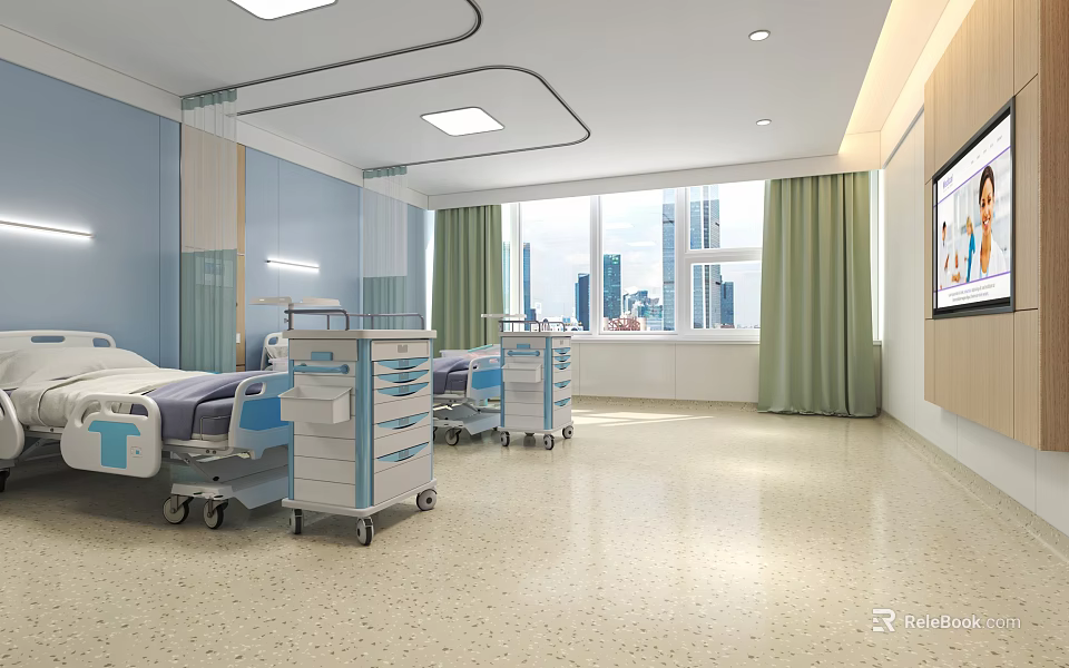Modern Hospital Room Interior With Medical Beds Carts Blue Walls And City View 3d model 