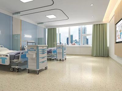 Modern Hospital Room Interior With Medical Beds Carts Blue Walls And City View 3d model