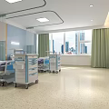 Modern Hospital Room Interior With Medical Beds Carts Blue Walls And City View