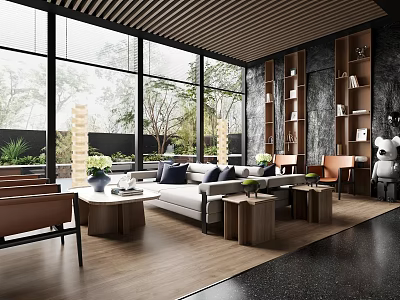 Modern Sales Office with Wooden Ceiling Floor-to-Ceiling Windows Sofa Coffee Tables Bookshelves Green Plants 3d model