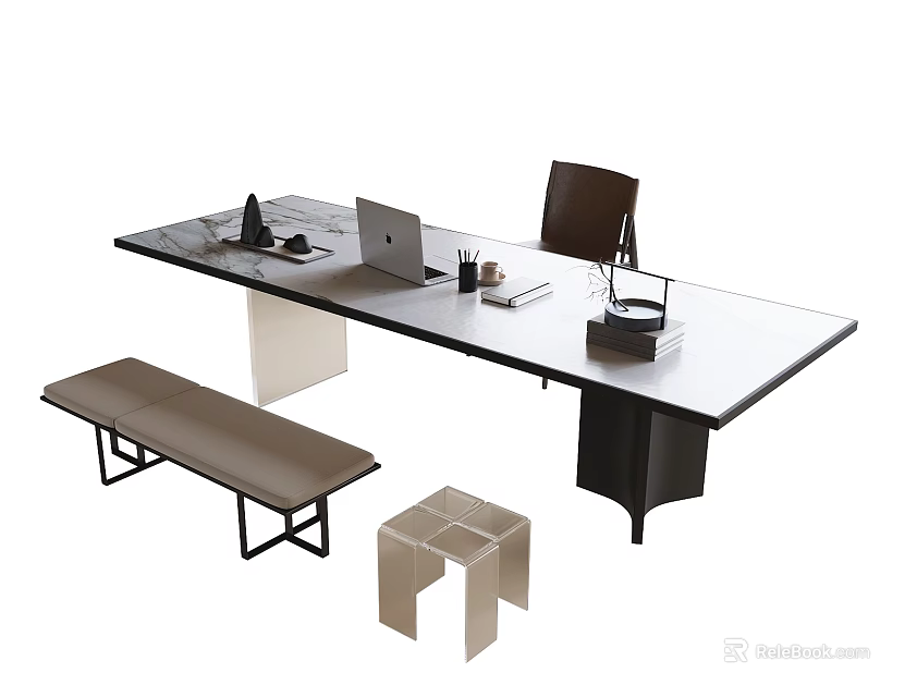 Modern Office Desk Setup With Laptop Stationery Bench And Cube Stool 3d model