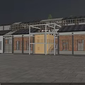 Modern Industrial Factory Building with Brick Glass Facade and Pine Trees Evening Street Car Passing