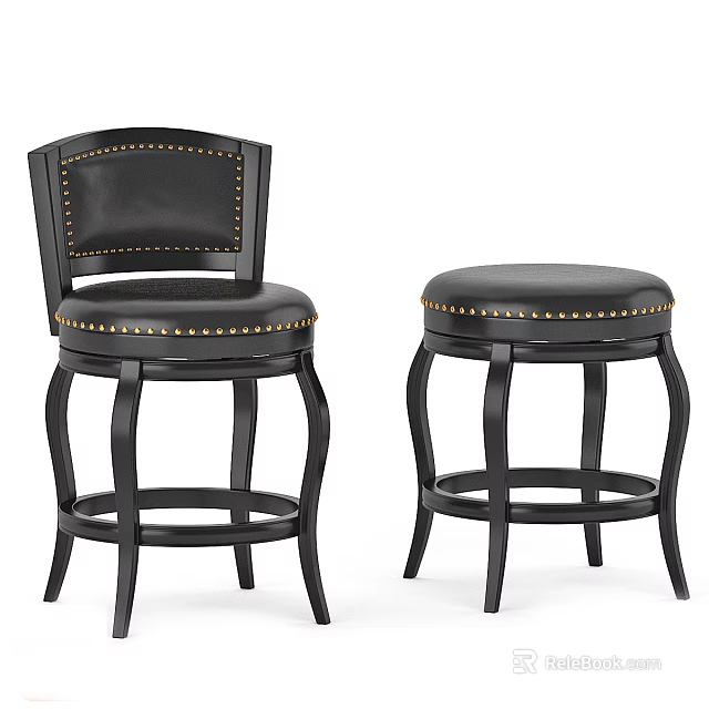 Black Leather Bar Stools With Brass Nailheads And Curved Leg Design 3d model 