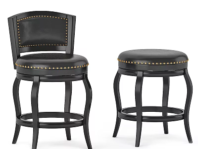 Black Leather Bar Stools With Brass Nailheads And Curved Leg Design 3d model