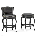 Black Leather Bar Stools With Brass Nailheads And Curved Leg Design