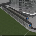 Modern Multi Story Parking Garage With Gray Exterior Yellow Railings And Blue Screens