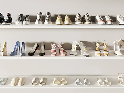Various Styles Of Shoes Displayed On White Shelves 3d model