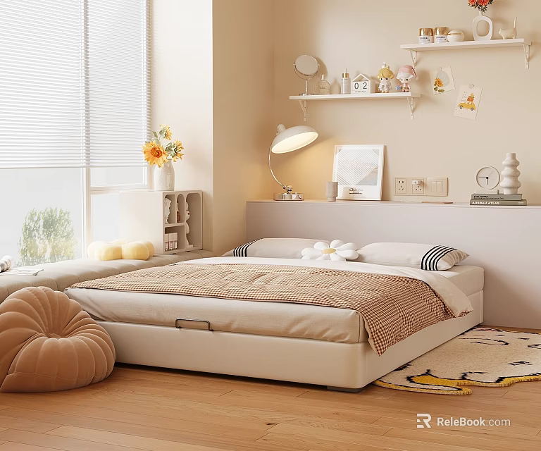 Modern Double Bed Interior With Striped Throw Pillows Table Lamp Decorative Shelves And Wooden Floor 3d model 