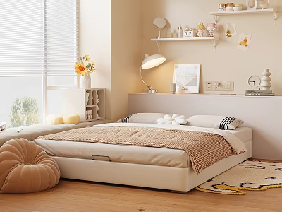 Modern Double Bed Interior With Striped Throw Pillows Table Lamp Decorative Shelves And Wooden Floor 3d model