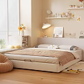 Modern Double Bed Interior With Striped Throw Pillows Table Lamp Decorative Shelves And Wooden Floor