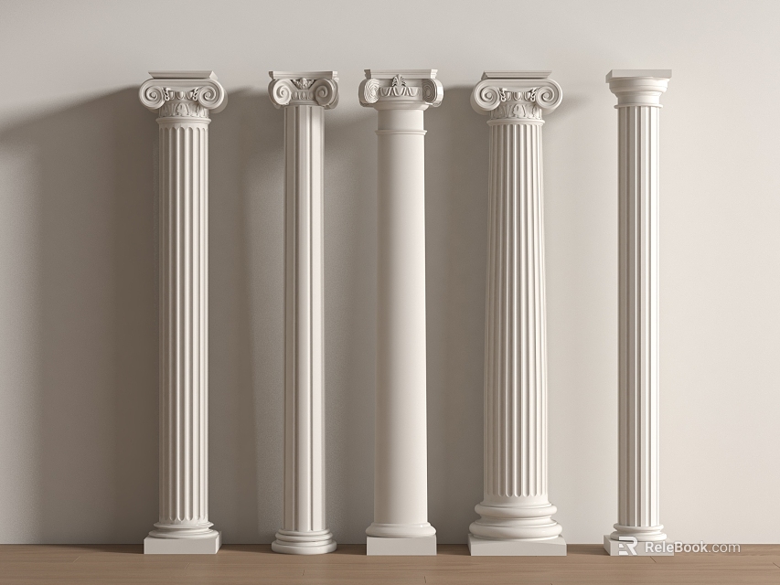 Five White Classical Columns With Various Capitals Standing On Wooden Base Against Light Wall 3d model 