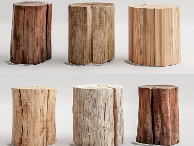 Natural Wooden Tree Stump Stools With Various Wood Tones And Textures 3d model