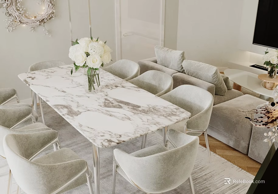 Elegant Modern Living Room With Gray Sofa Marble Table White Flowers TV And Wreath Decor 3d model 