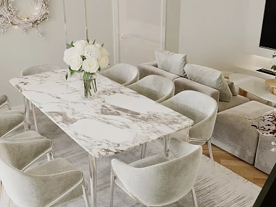 Elegant Modern Living Room With Gray Sofa Marble Table White Flowers TV And Wreath Decor 3d model