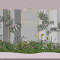 Elegant Photo Spot With Arch Decoration Champaign Lettering And Colorful Flowers On Pink Background