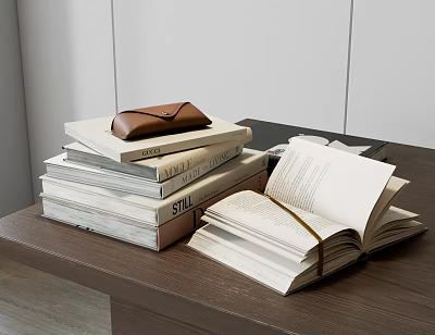 Stacked Books With Leather Pouch And Open Book On Wooden Table 3d model