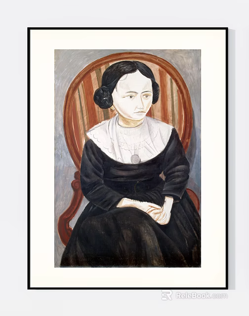 Portrait Painting of a Woman in Black Dress Seated on Striped Chair with White Collar 3d model 